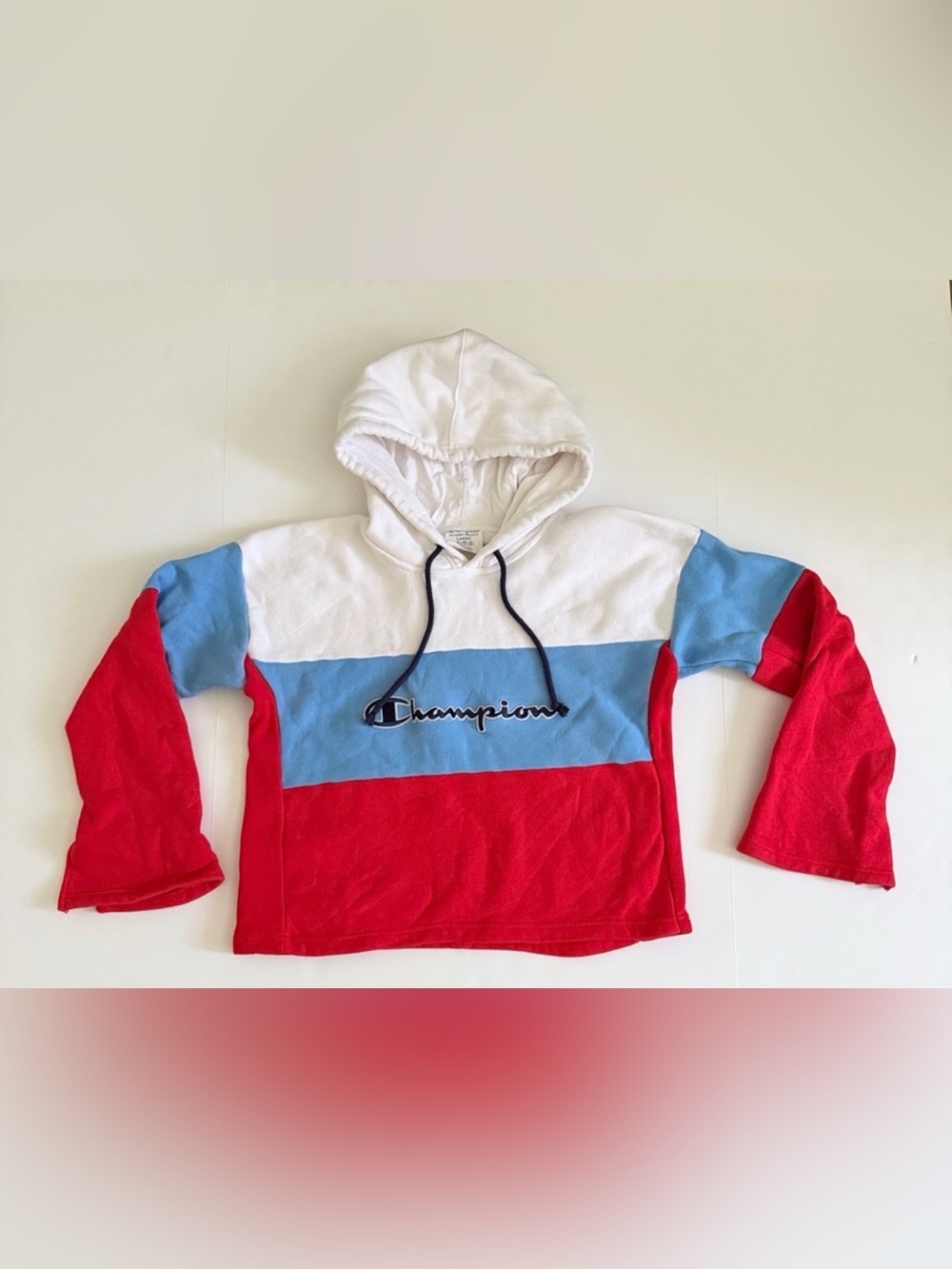Champion Reverse Weave Colorblock Hoodie Women’s Large White Blue Red Embroidery